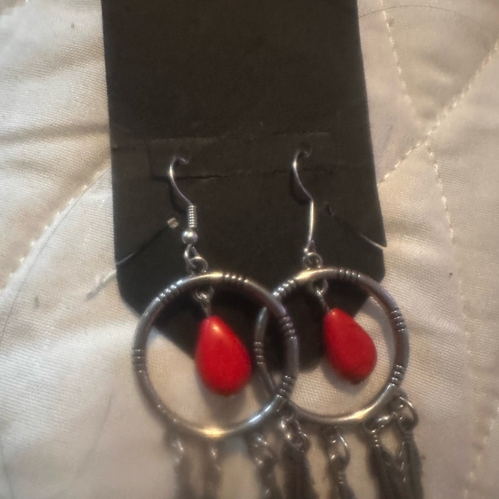 Silver and Red Dangle Earrings
